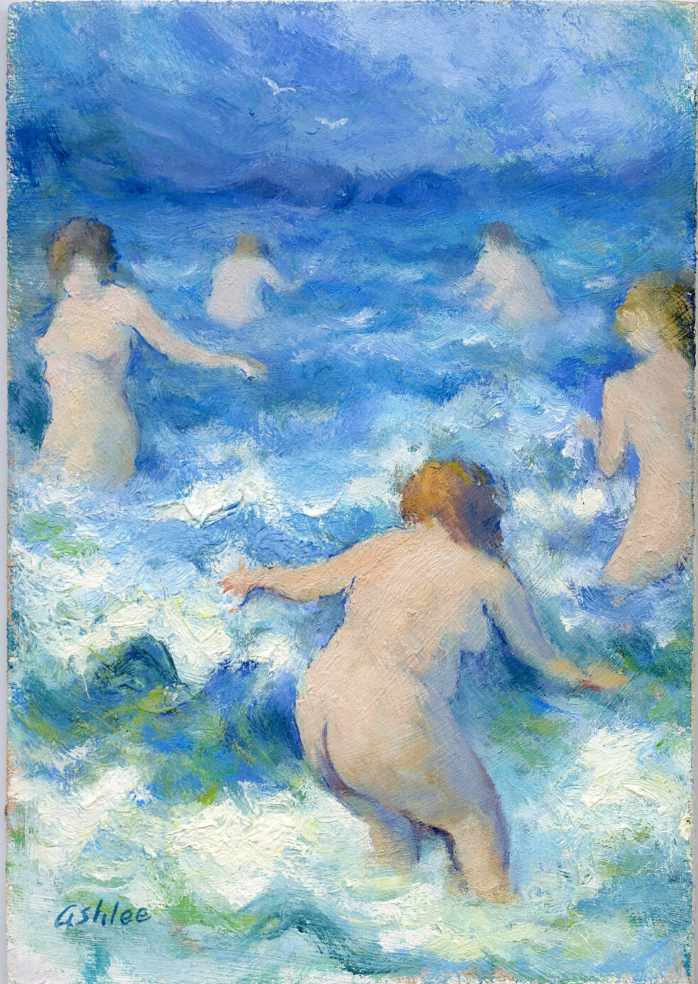 Painting of multiple female bather sin a large body of water with waves.